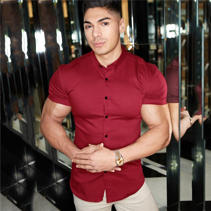 Casual Short Sleeve Solid Shirt | Super Slim Fit Male Social Business Dress Shirt | Brand Men Fitness Sports Clothing