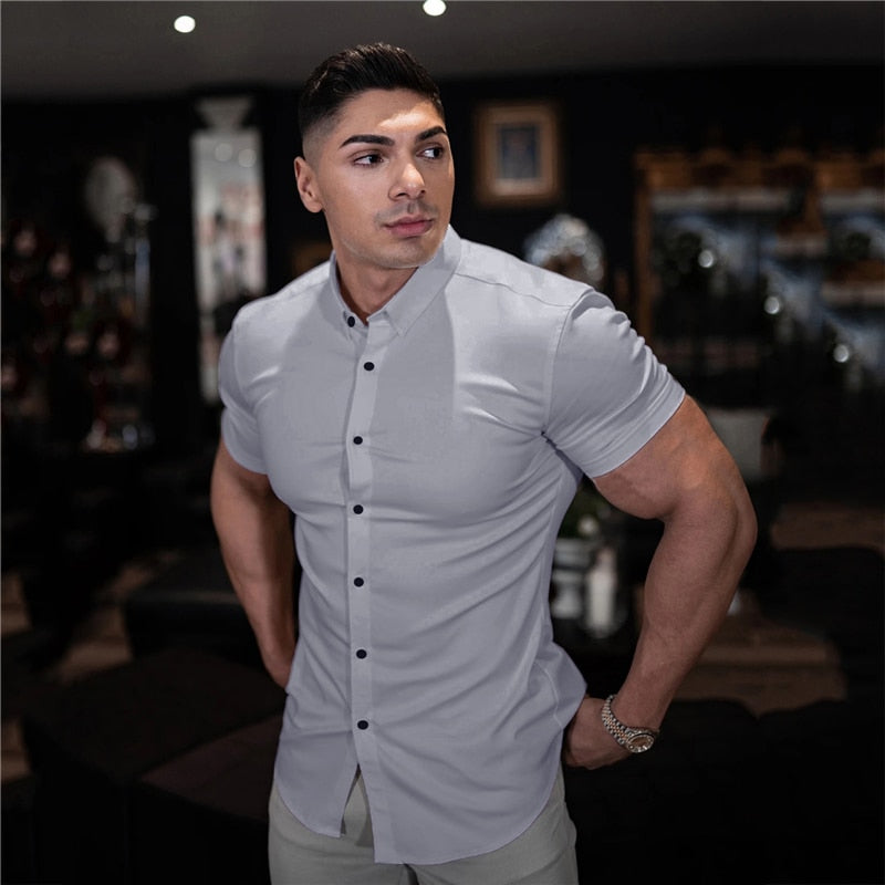 Casual Short Sleeve Solid Shirt | Super Slim Fit Male Social Business Dress Shirt | Brand Men Fitness Sports Clothing