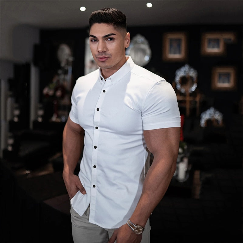 Casual Short Sleeve Solid Shirt | Super Slim Fit Male Social Business Dress Shirt | Brand Men Fitness Sports Clothing