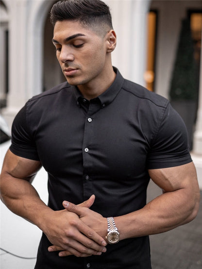 Casual Short Sleeve Solid Shirt | Super Slim Fit Male Social Business Dress Shirt | Brand Men Fitness Sports Clothing