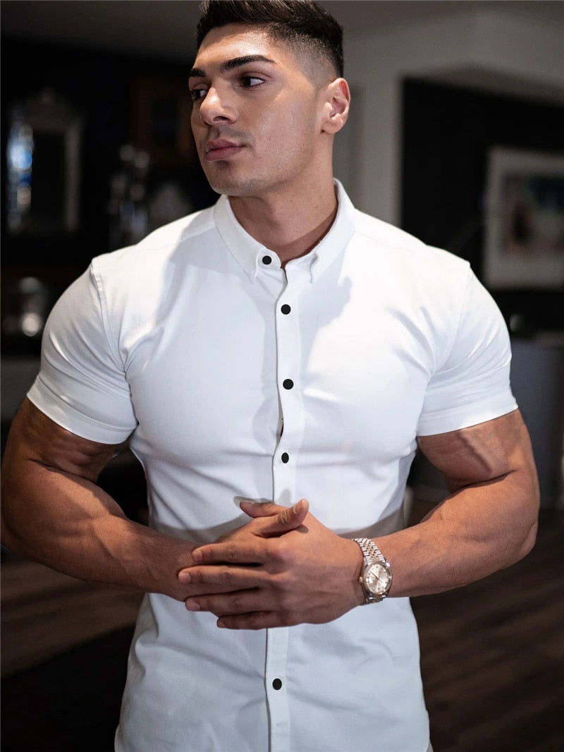 Casual Short Sleeve Solid Shirt | Super Slim Fit Male Social Business Dress Shirt | Brand Men Fitness Sports Clothing