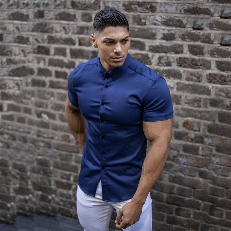 Casual Short Sleeve Solid Shirt | Super Slim Fit Male Social Business Dress Shirt | Brand Men Fitness Sports Clothing