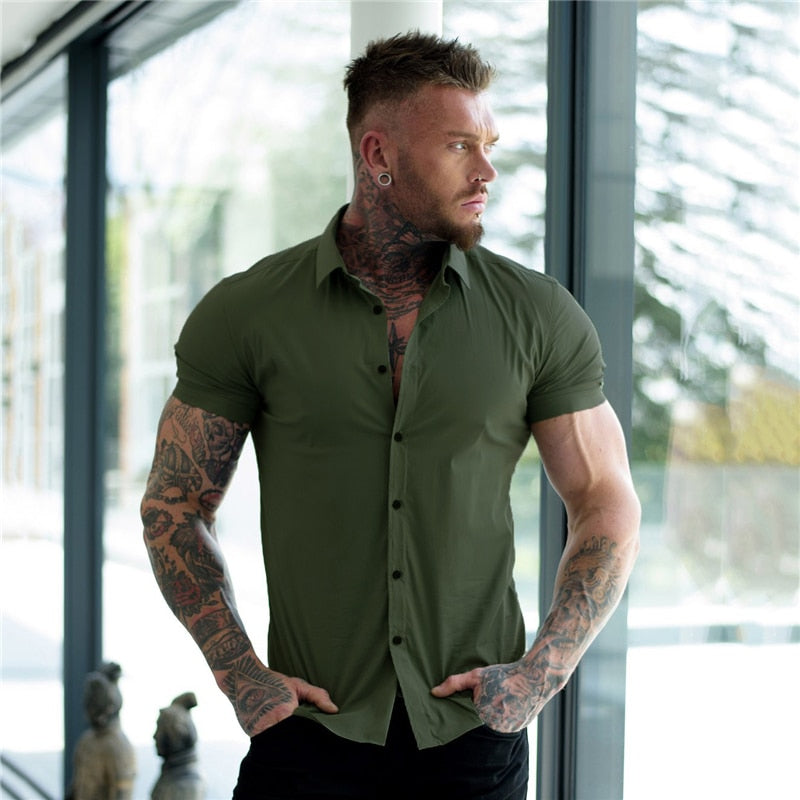 Casual Short Sleeve Solid Shirt | Super Slim Fit Male Social Business Dress Shirt | Brand Men Fitness Sports Clothing