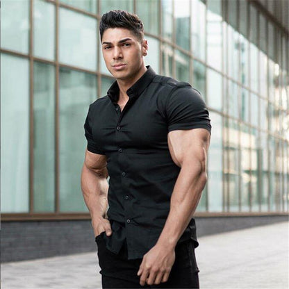 Casual Short Sleeve Solid Shirt | Super Slim Fit Male Social Business Dress Shirt | Brand Men Fitness Sports Clothing