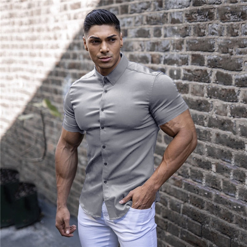 Casual Short Sleeve Solid Shirt | Super Slim Fit Male Social Business Dress Shirt | Brand Men Fitness Sports Clothing