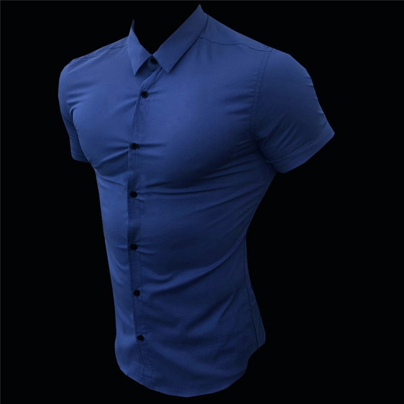 Casual Short Sleeve Solid Shirt | Super Slim Fit Male Social Business Dress Shirt | Brand Men Fitness Sports Clothing