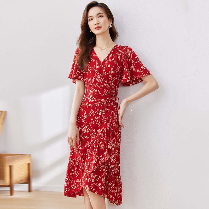 Elegant Vintage Red Floral Print Dresses for Women  Summer Short Flare Sleeve Wrap V Neck Lace-Up Ruffle Dress