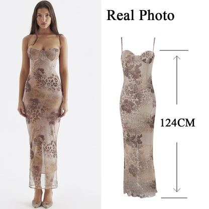 Nsquared Spaghetti Strap Floral Print Maxi | Sexy Mesh Bride Wedding Guest Dress