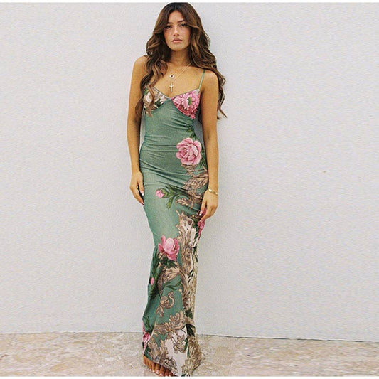 Sleeveless Floral Print Suspender Dress | Women Fashion V-neck Slim Maxi Dress