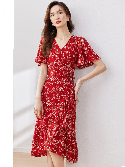 Elegant Vintage Red Floral Print Dresses for Women  Summer Short Flare Sleeve Wrap V Neck Lace-Up Ruffle Dress