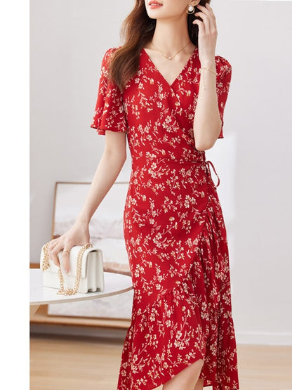 Elegant Vintage Red Floral Print Dresses for Women  Summer Short Flare Sleeve Wrap V Neck Lace-Up Ruffle Dress