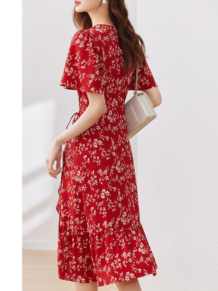 Elegant Vintage Red Floral Print Dresses for Women  Summer Short Flare Sleeve Wrap V Neck Lace-Up Ruffle Dress