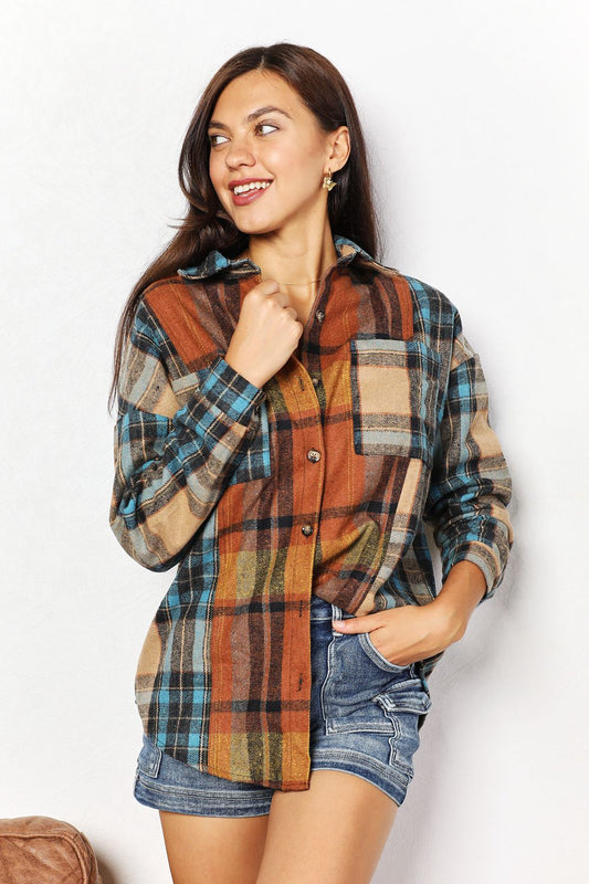 Nsquared Double Take Plaid Curved Hem Shirt Jacket with Breast Pockets