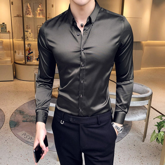 Long Sleeve Casual Slim Fit Men Dress Shirts Solid Color | Formal Business Social Clothing Blouse