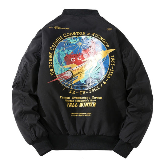 Winter Bomber Jacket Men Fashion Pilot Jacket Rocket Print Baseball Coat Casual Youth Streetwear Outerwear Mens Clothing