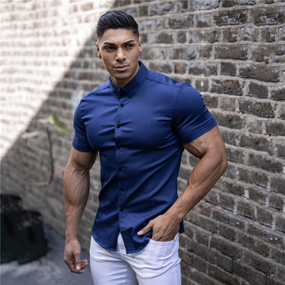 Casual Short Sleeve Solid Shirt | Super Slim Fit Male Social Business Dress Shirt | Brand Men Fitness Sports Clothing