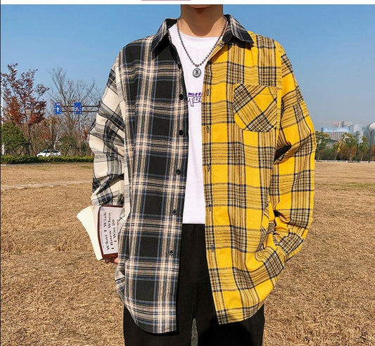 Oversized Cotton Plaid Shirt | Man Hip Hop Patchwork | Button Up Long Sleeve Shirt | Couple Korean Harajuku Clothing