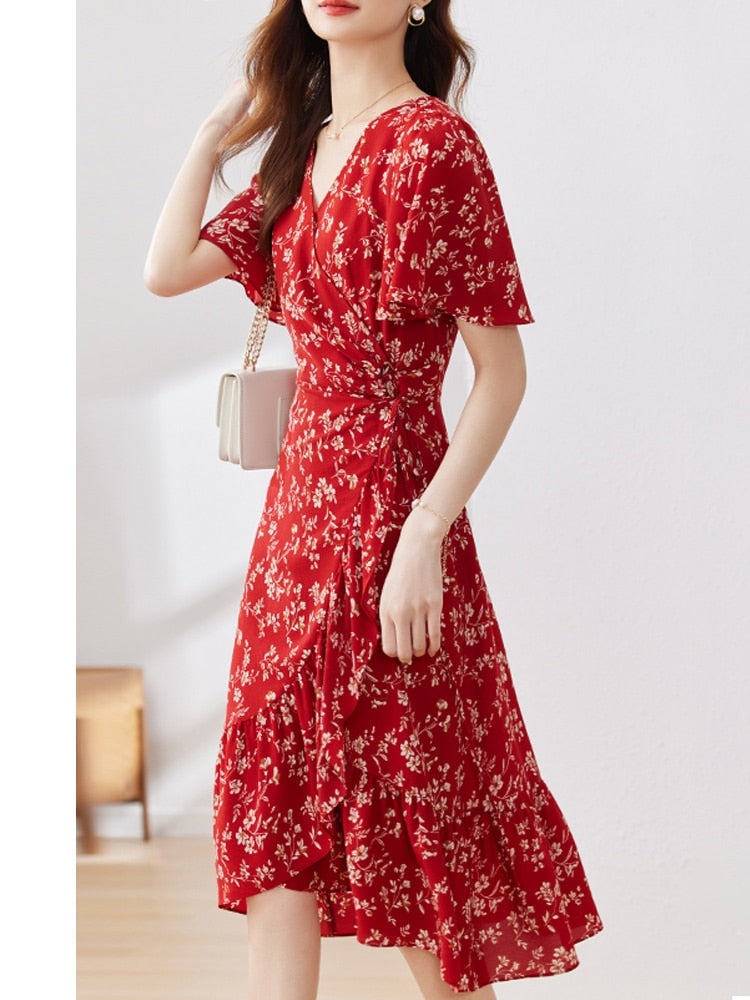 Elegant Vintage Red Floral Print Dresses for Women  Summer Short Flare Sleeve Wrap V Neck Lace-Up Ruffle Dress