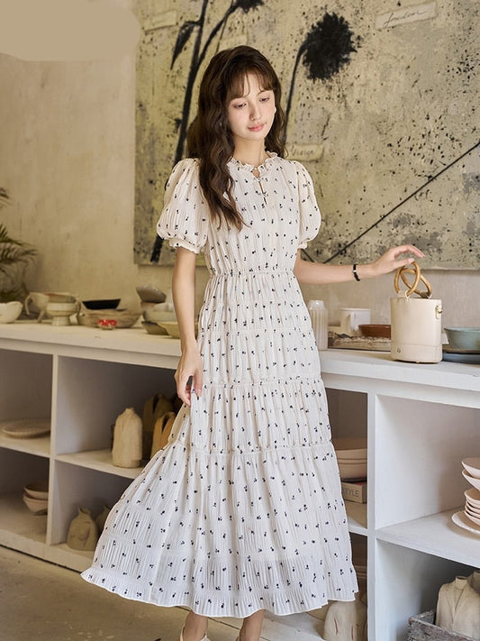 Nsquared French Sweet Puff Sleeve Dress | A-LINE Water Wave Printing Waist Petal Sleeve Female Midi Dresses