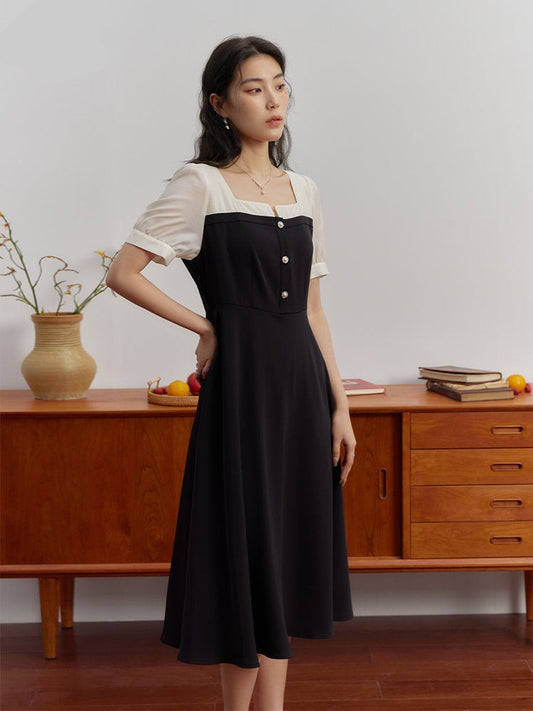 Nsquared French Color Contrast Splicing Temperament Square Collar Dress | New Waist Slimming Black Dress Female