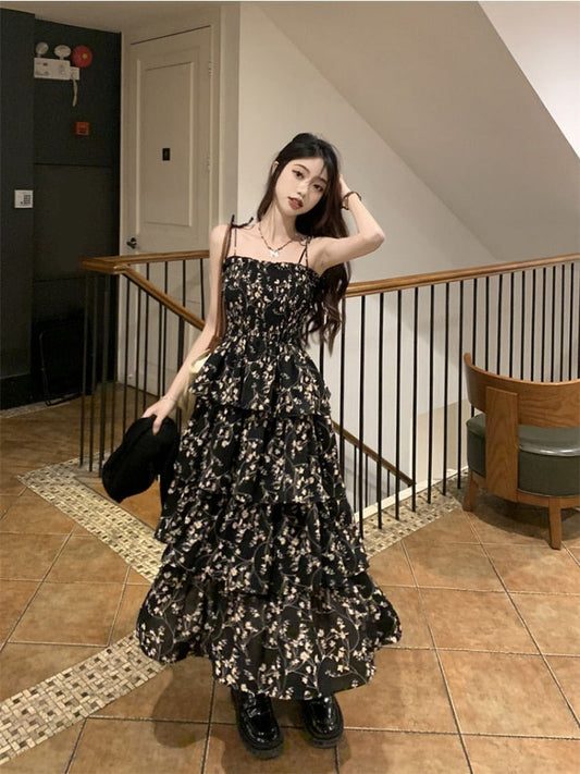 Nsquared Y2k Korean Style One Piece Floral Dress | Women Vintage Elegant Layered High Waist Black Long Slip Fairy Dresses Summer