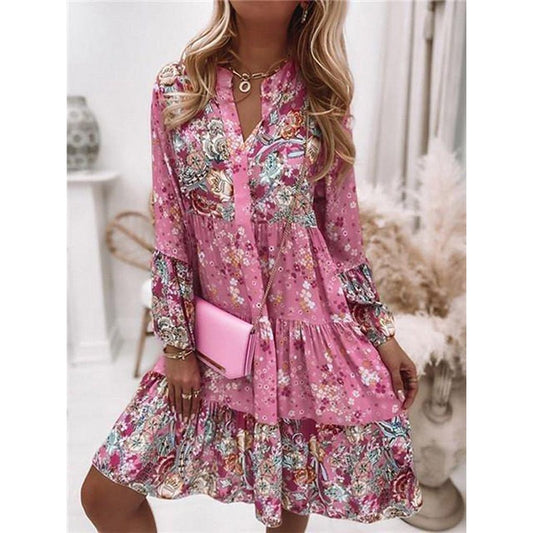 Women Floral Print Dress | Oversize Elegant Pleated Long Sleeve Casual Dress