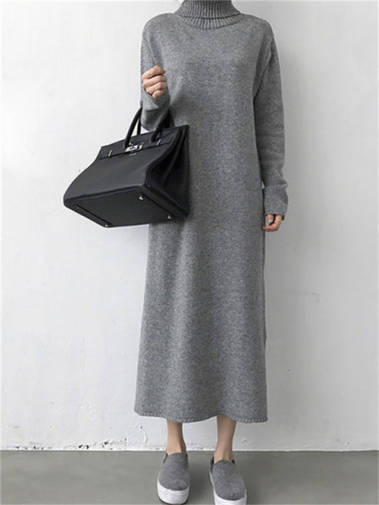 Turtleneck Winter Womens Dress  Fall Sweater Women Dress Long Sleeve Knitted Dresses Maxi Vintage Oversize Dresses Knitting